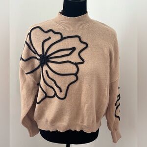 Tan Sweater with Black Floral Design